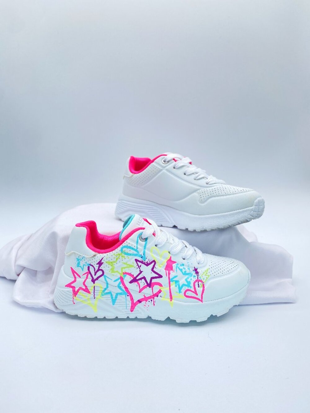 Skechers Girls Size 12 White Neon Graffiti Star Lace Up Sneakers